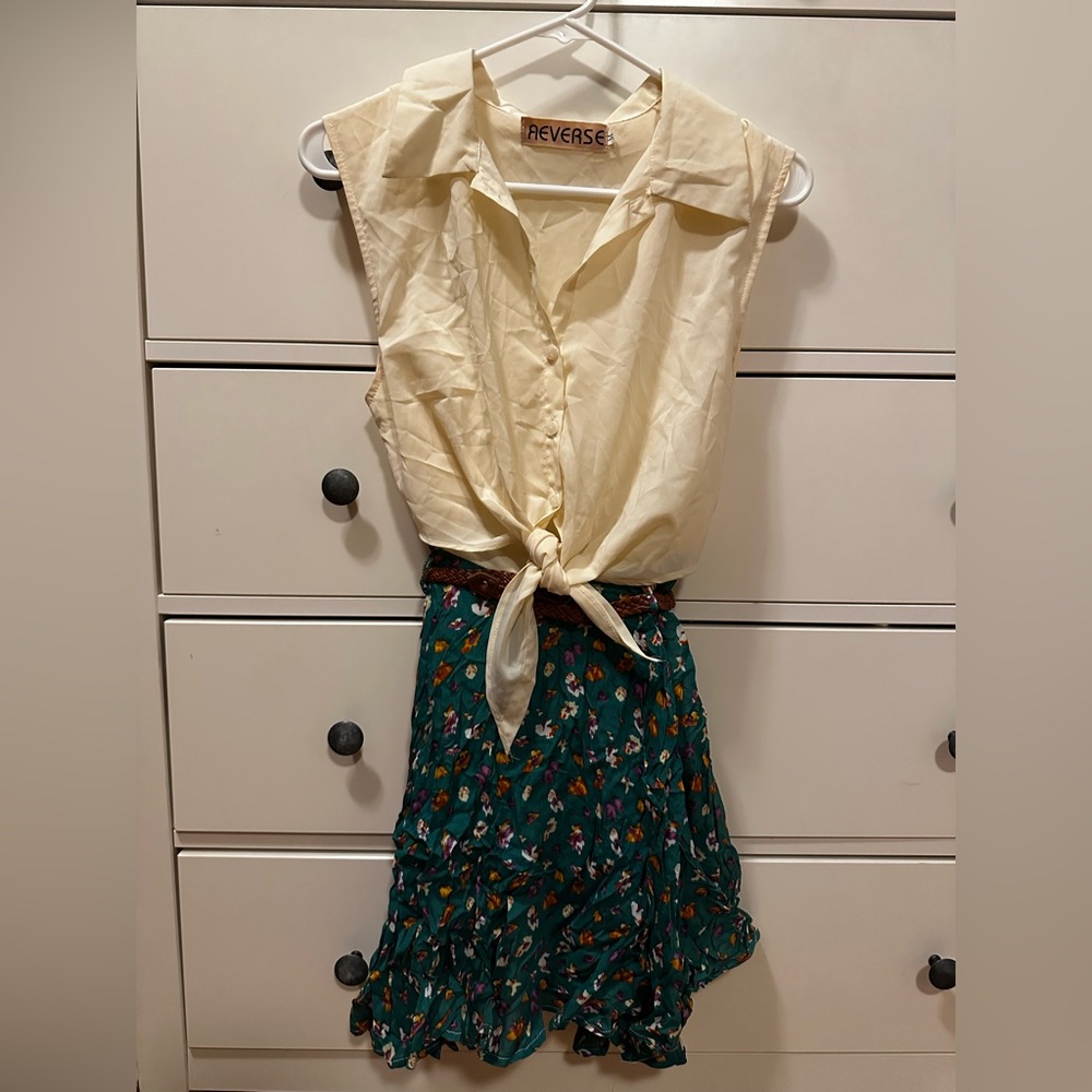 Reverse dress with tie top and green floral skirt size M